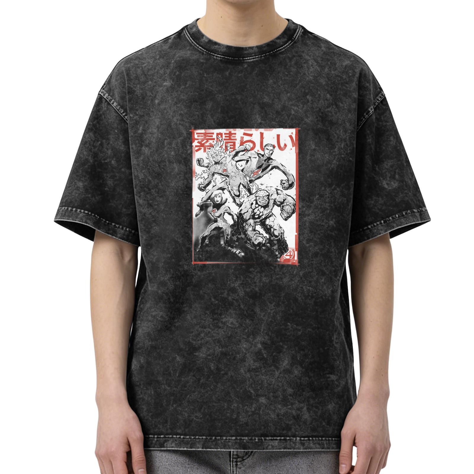 Oversized faded graphic t-shirt with manga-style superhero artwork