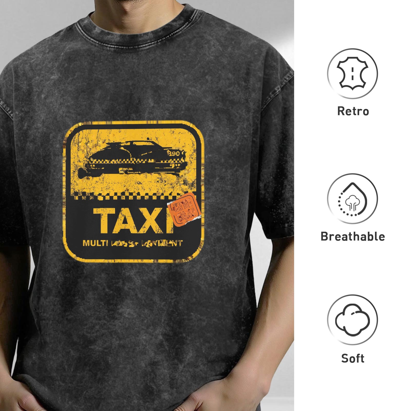 Distressed washed black Taxi theme printed short-sleeved T-shirt loose style
