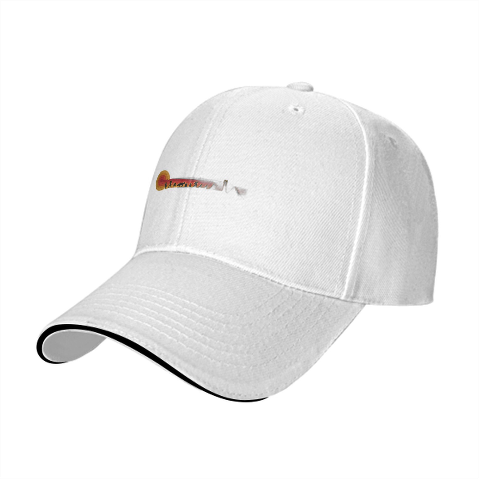 Black Baseball Cap with Sunset Landscape Graphic Design