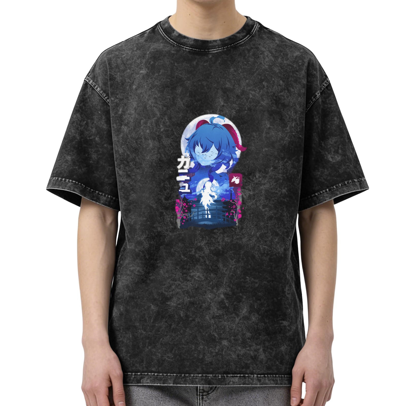 Anime Character Graphic Stone Wash Black Cotton T-Shirt