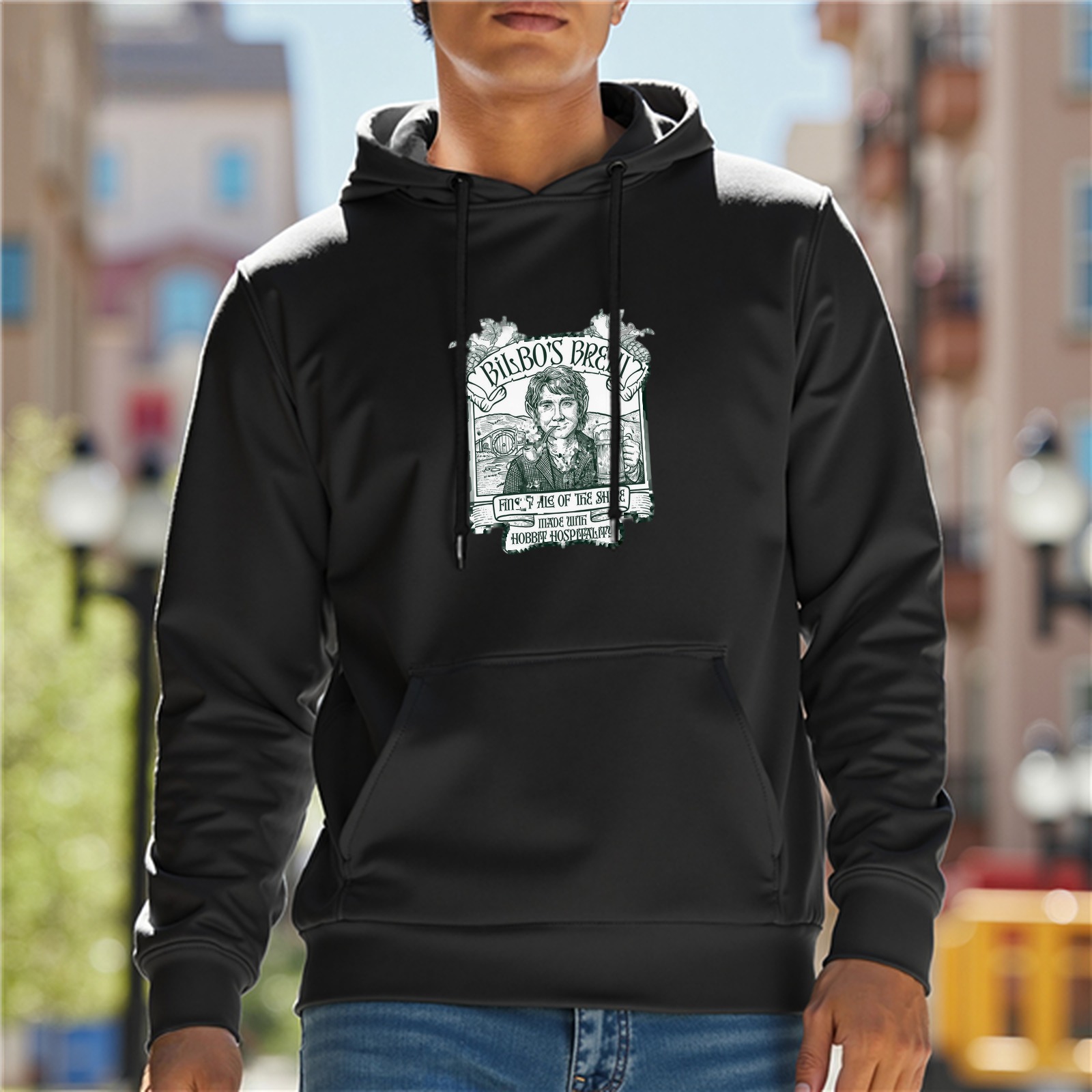 Black hoodie with Bilbo's Brew fantasy themed graphic print