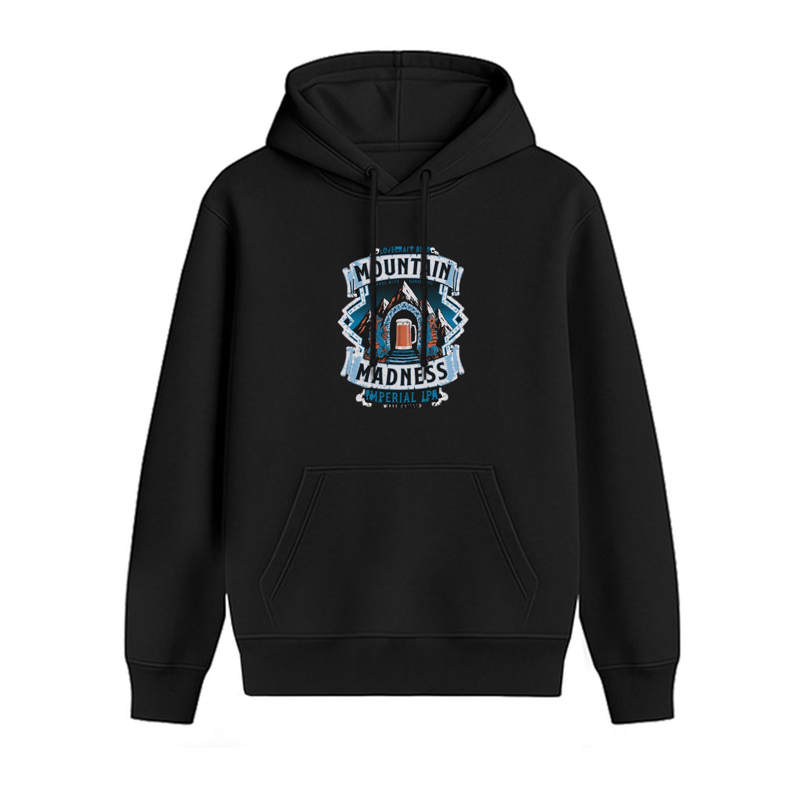 Black hoodie with Mountain Madness Imperial IPA graphic print