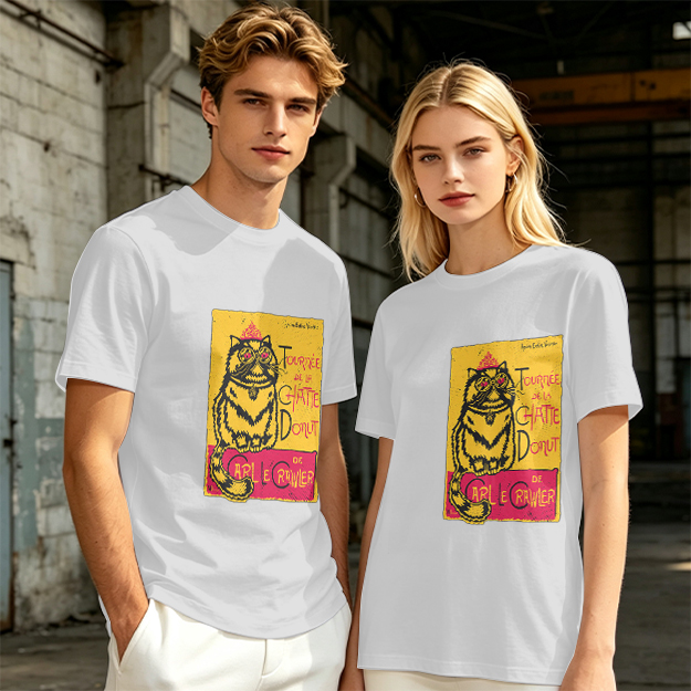 Olive T-shirt with a whimsical cat graphic print