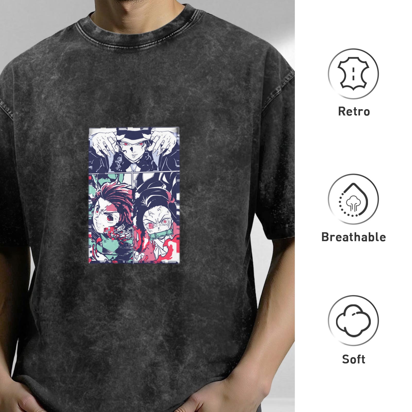 Demon Slayer themed distressed washed black short-sleeved T-shirt