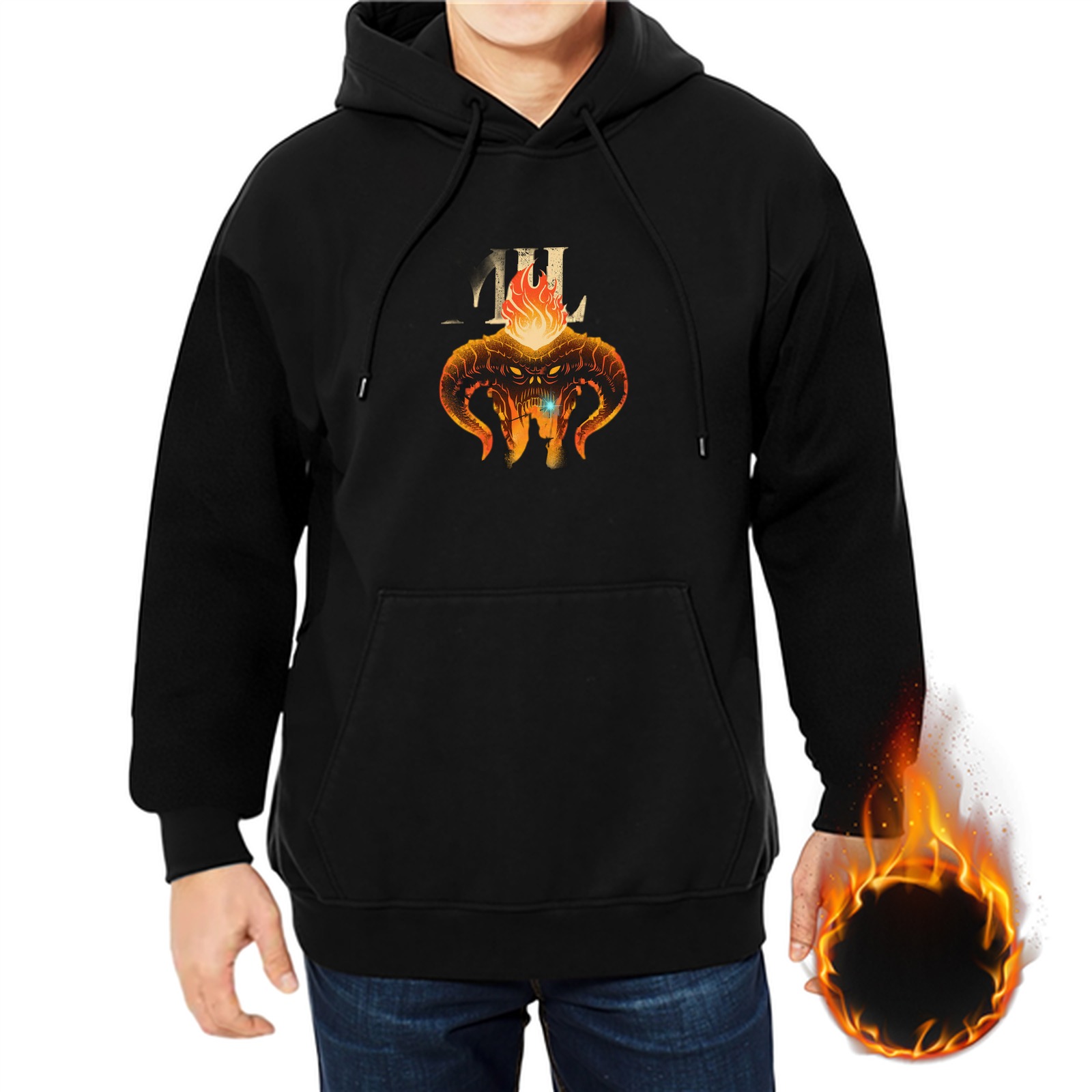 Black Hoodie With Fiery Demon Head Graphic Print