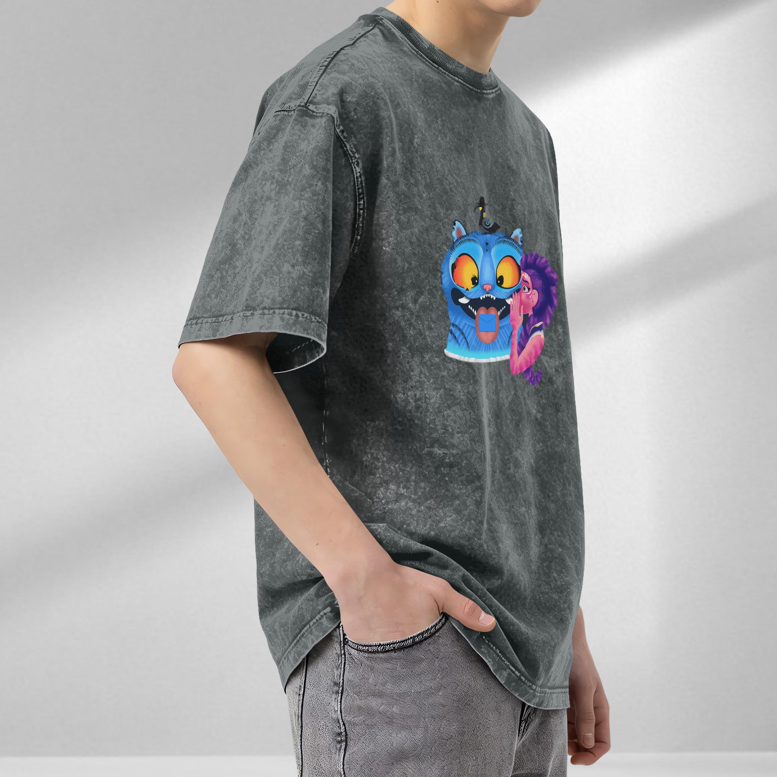 Oversized Dark Wash T-Shirt With Whispering Purple Haired Girl And Blue Cat Graphic