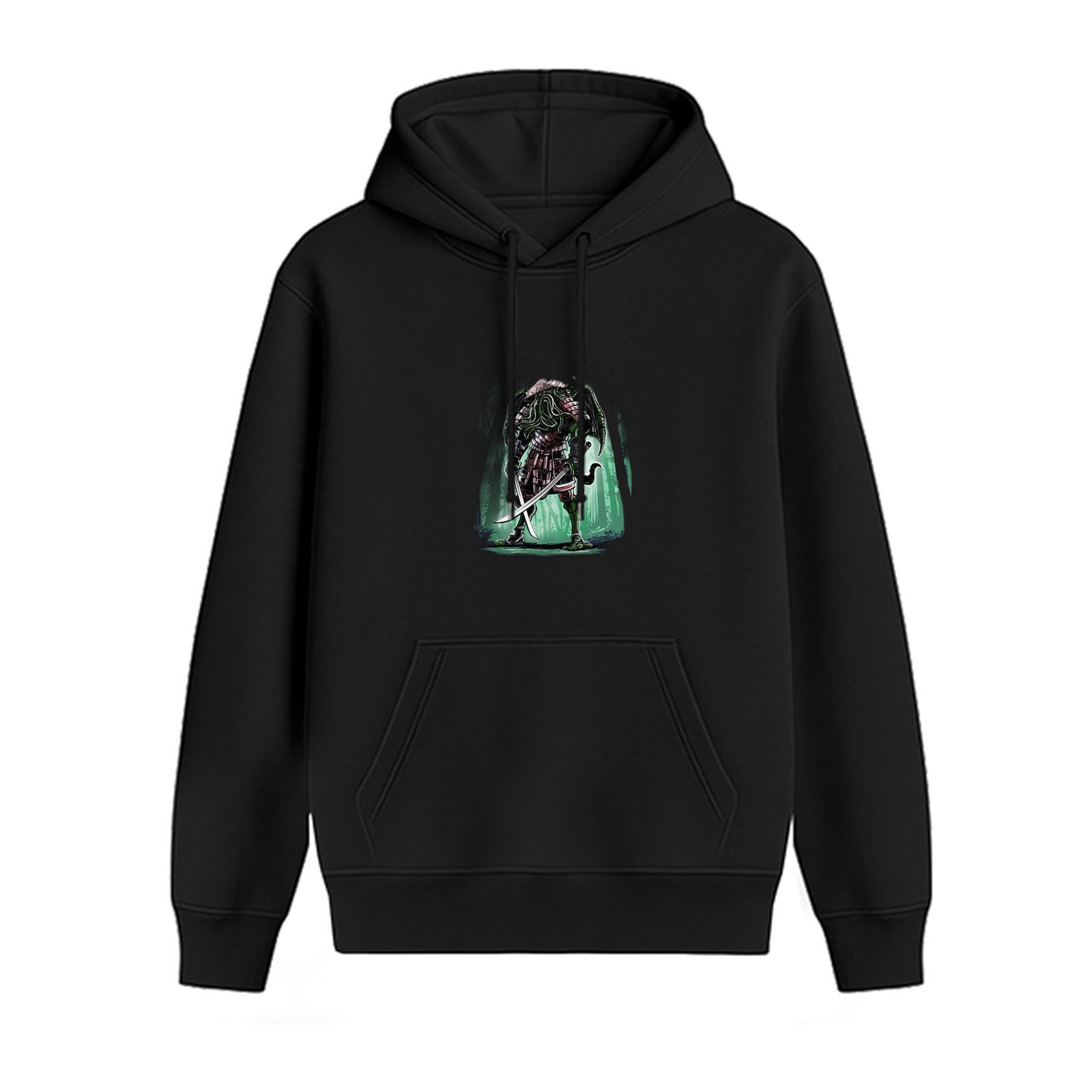 Black Hoodie with Fantasy Warrior Monster Graphic Print