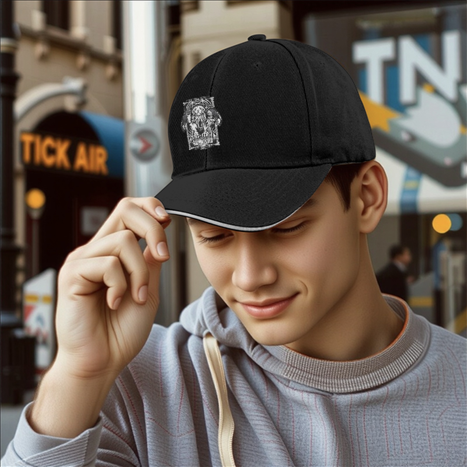 Black Baseball Cap with Dark Fantasy Occult Graphic Print