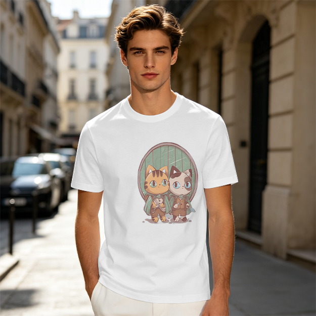 Olive Green T-Shirt With Cute Cat Fantasy Character Print