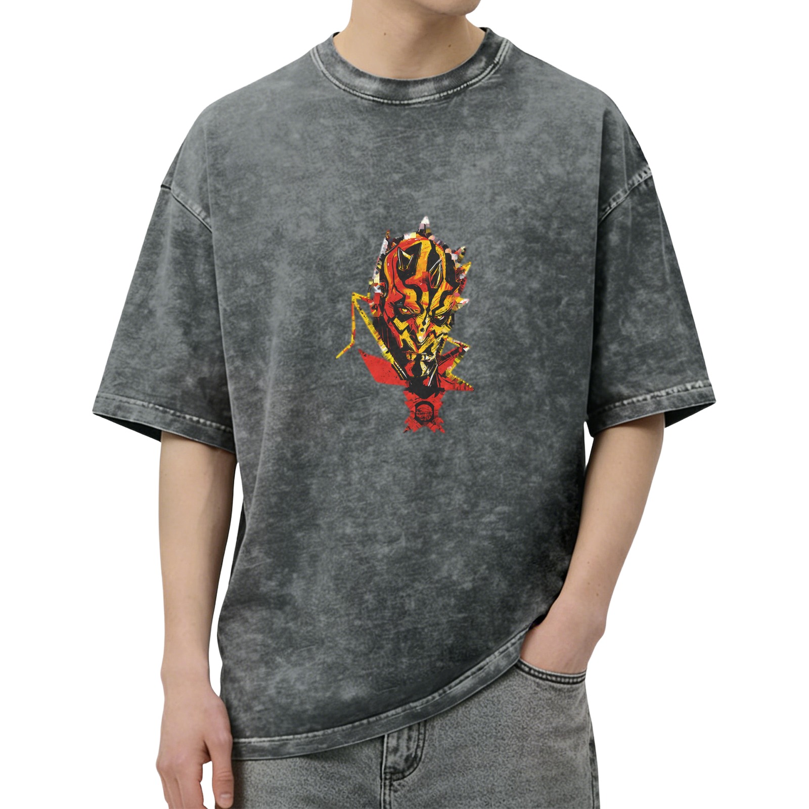 Oversized Acid Wash T-Shirt With Fiery Alien Warrior Graphic