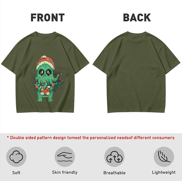 Olive Green T-Shirt With Cute Christmas Cthulhu Graphic