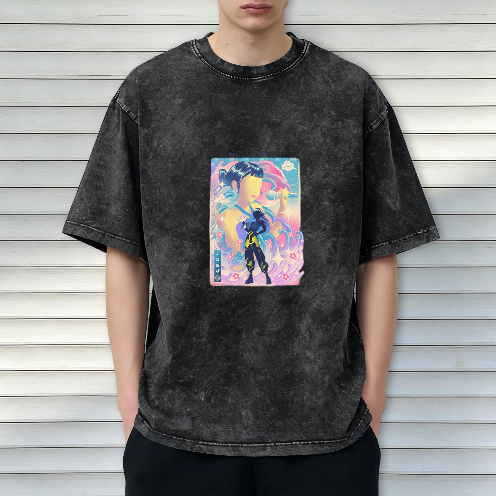 Oversized Acid Wash T-Shirt with Anime Singer Graphic Print