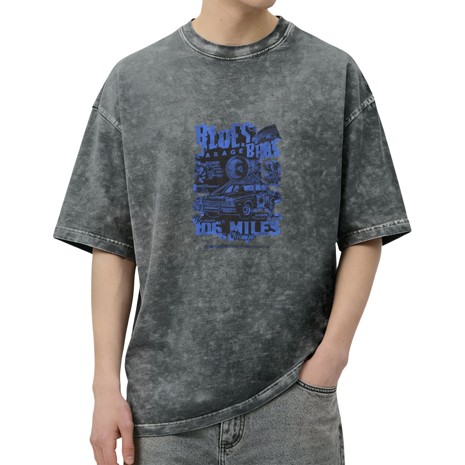 Washed Black T-Shirt with Blues Bros Garage 106 Miles Chicago Graphic
