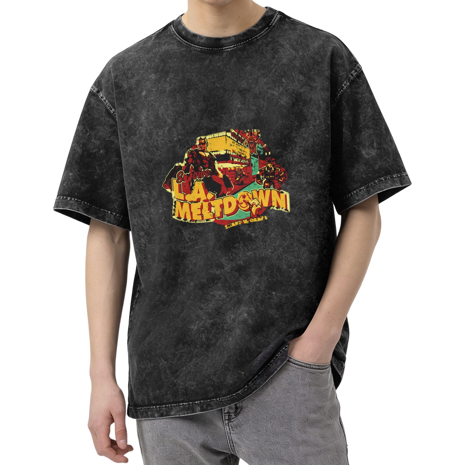 L.A. Meltdown Graphic Acid Wash Black Oversized T-Shirt