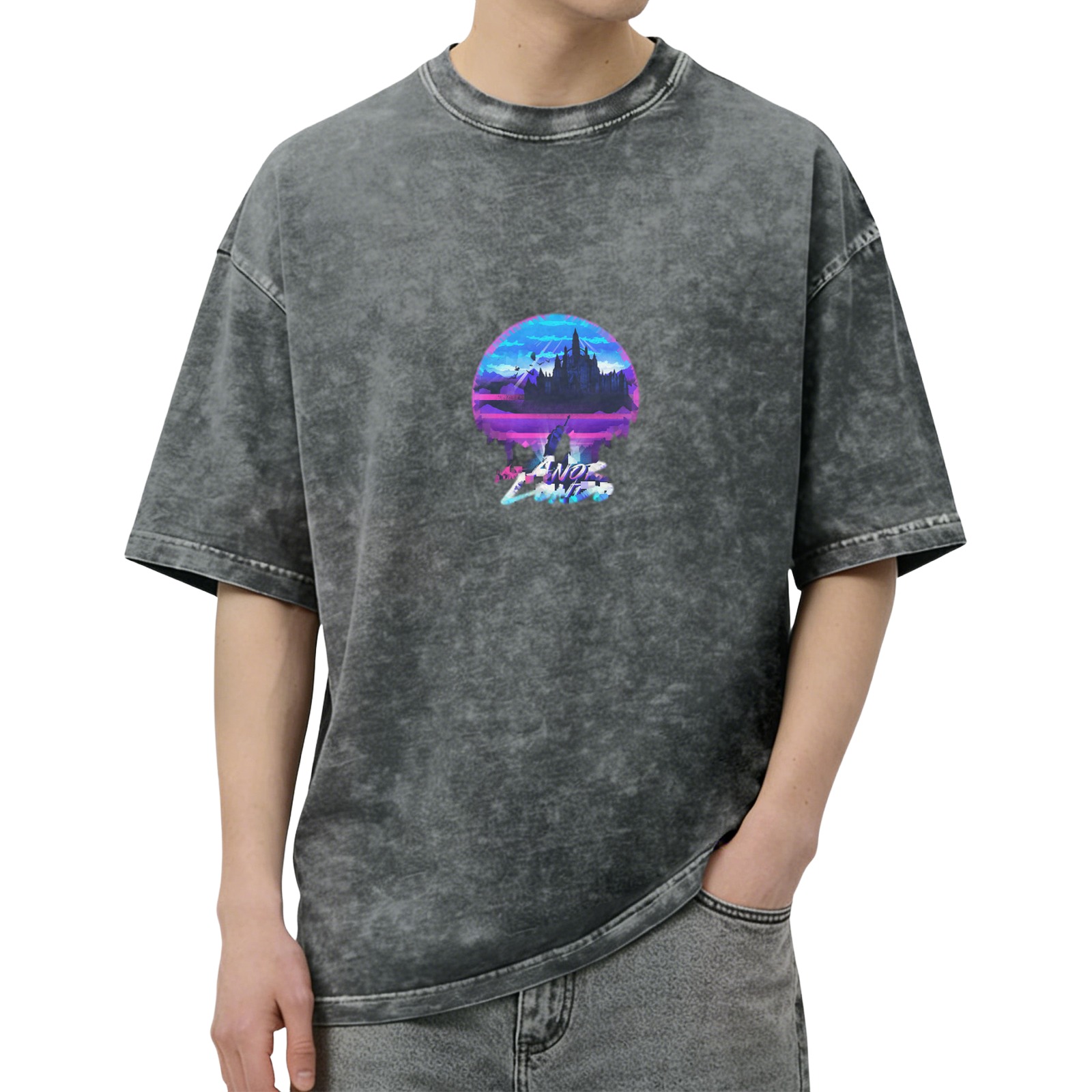 Distressed washed black round neck short-sleeved T-shirt Retro style Anor Londo printed loose top