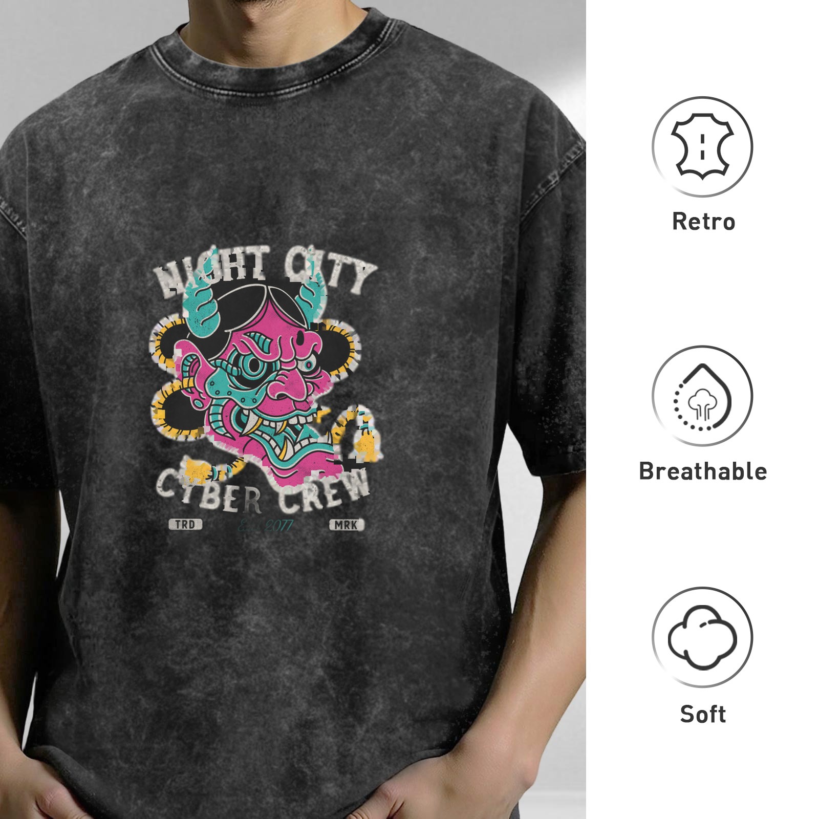 Night City Cyber Crew Demon Graphic Acid Wash T-Shirt