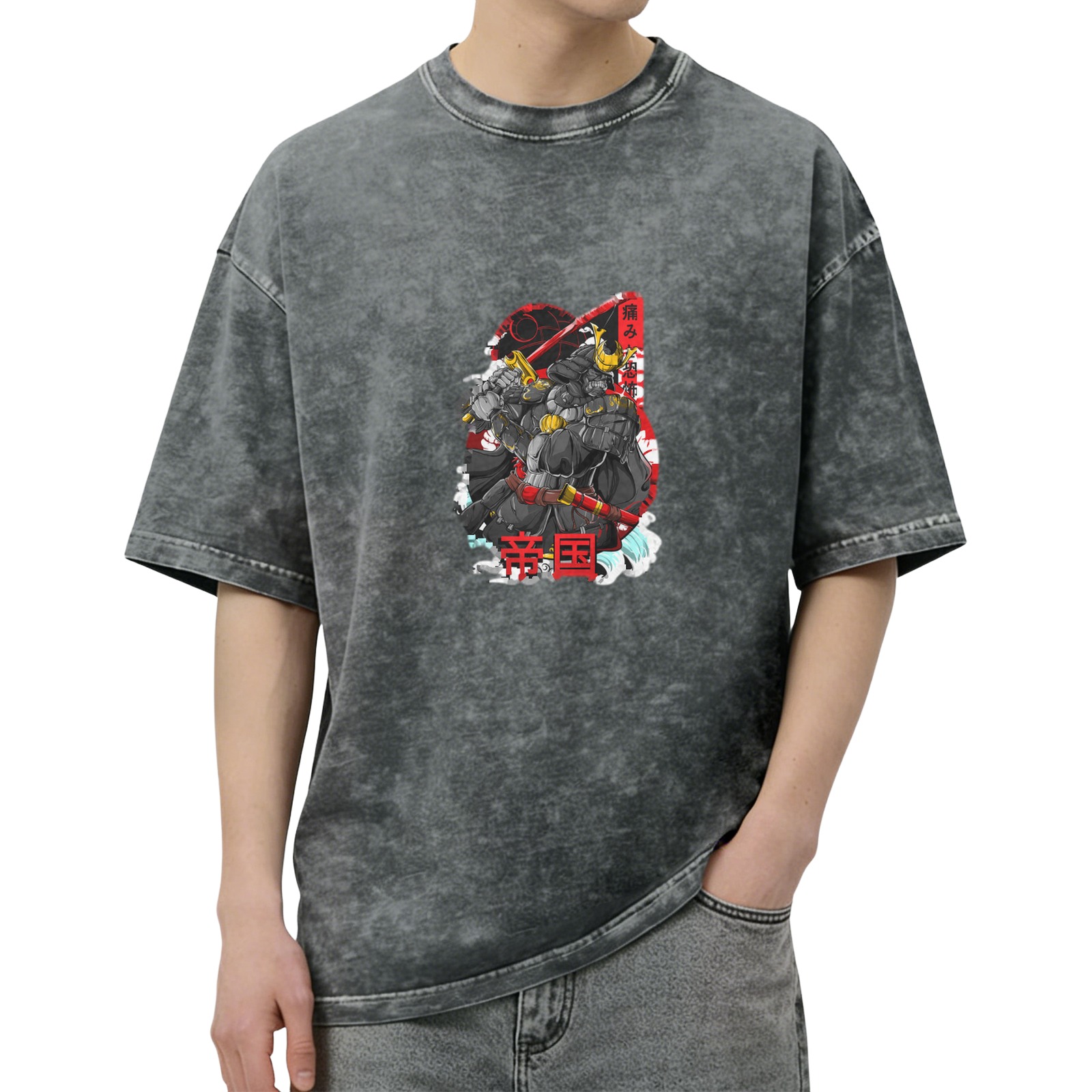 Oversized Black Acid Wash T-Shirt with Japanese Samurai Graphic Print