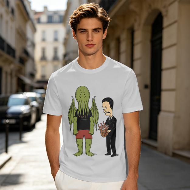 Olive T-Shirt Featuring Cthulhu and Beavis in Suits Graphic