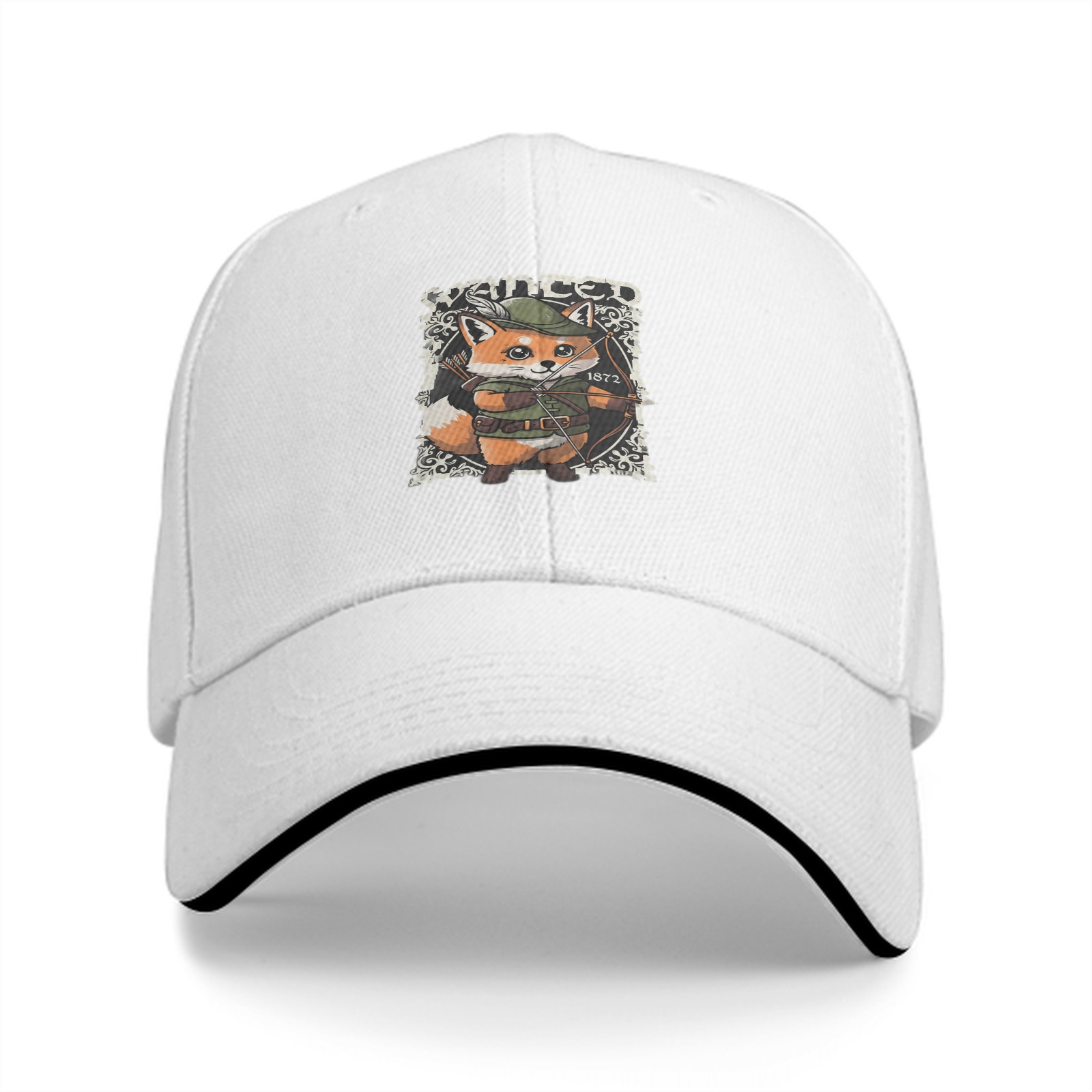 Black baseball cap with cute fox archer wanted print
