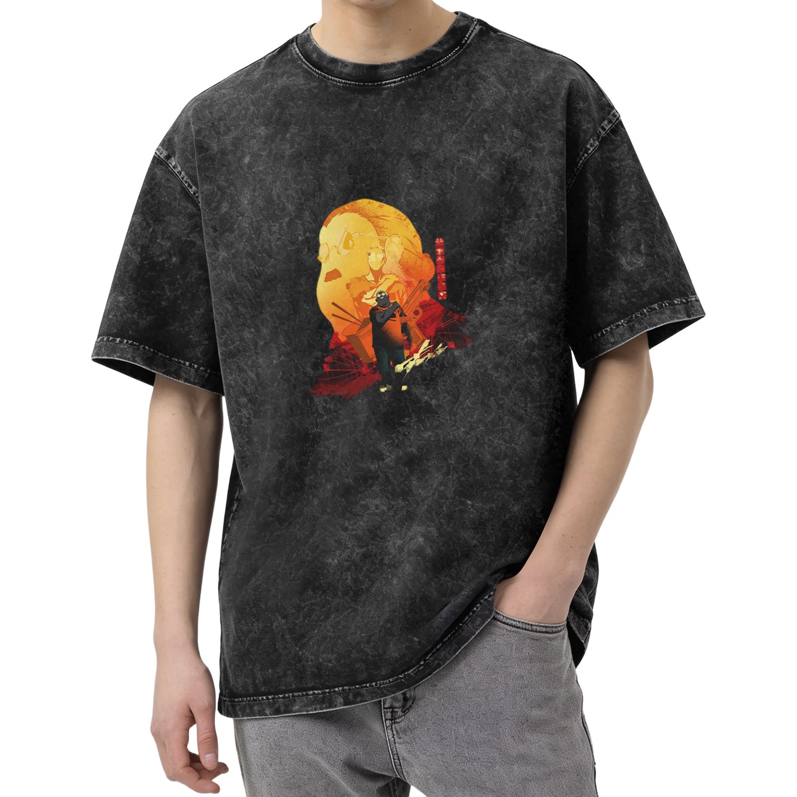 Oversized Acid Wash Anime Graphic T-Shirt
