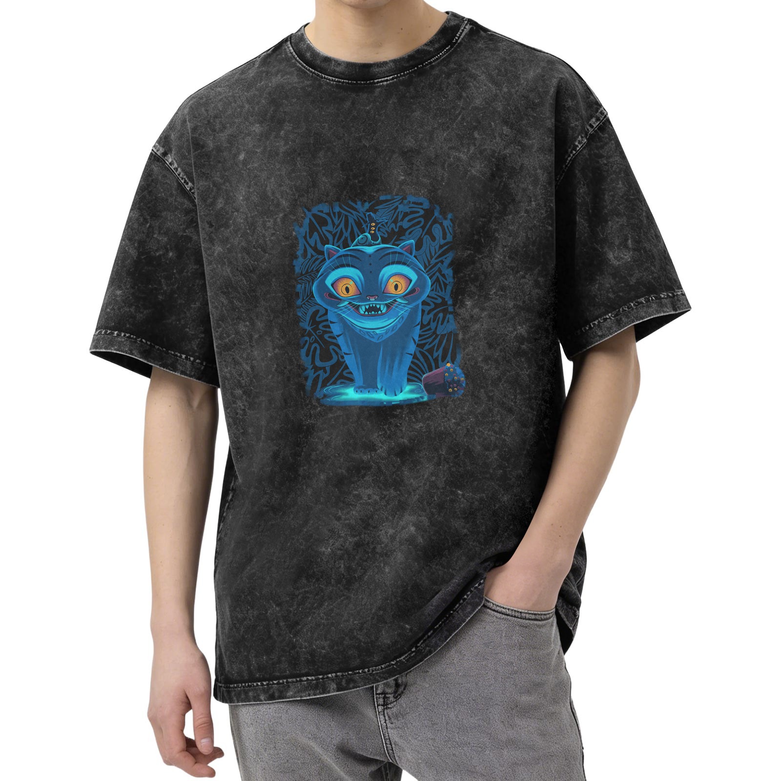 Distressed washed black loose short-sleeved T-shirt Cheshire Cat print