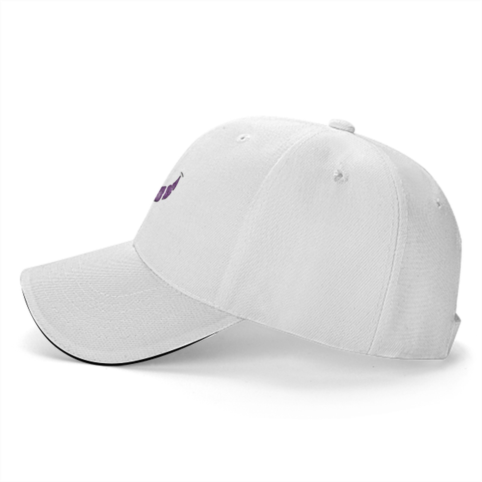 Black Baseball Cap with Cheshire Cat Purple Grin Print