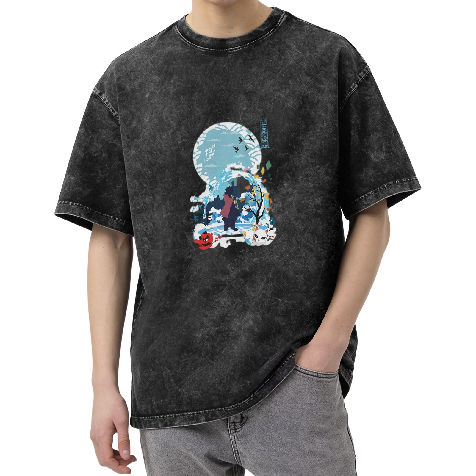 Washed Black Oversized T-Shirt With Anime Water Moon Graphic