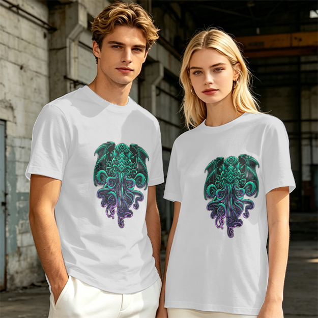 Olive Green T-Shirt With Cthulhu Octopus Dragon Graphic