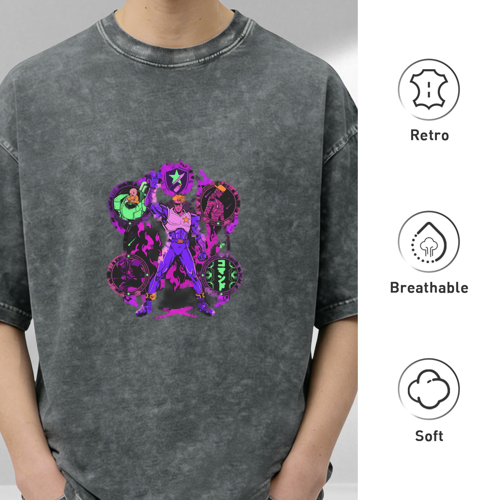 Washed Black T-Shirt with Neon Anime Superhero Graphic Print