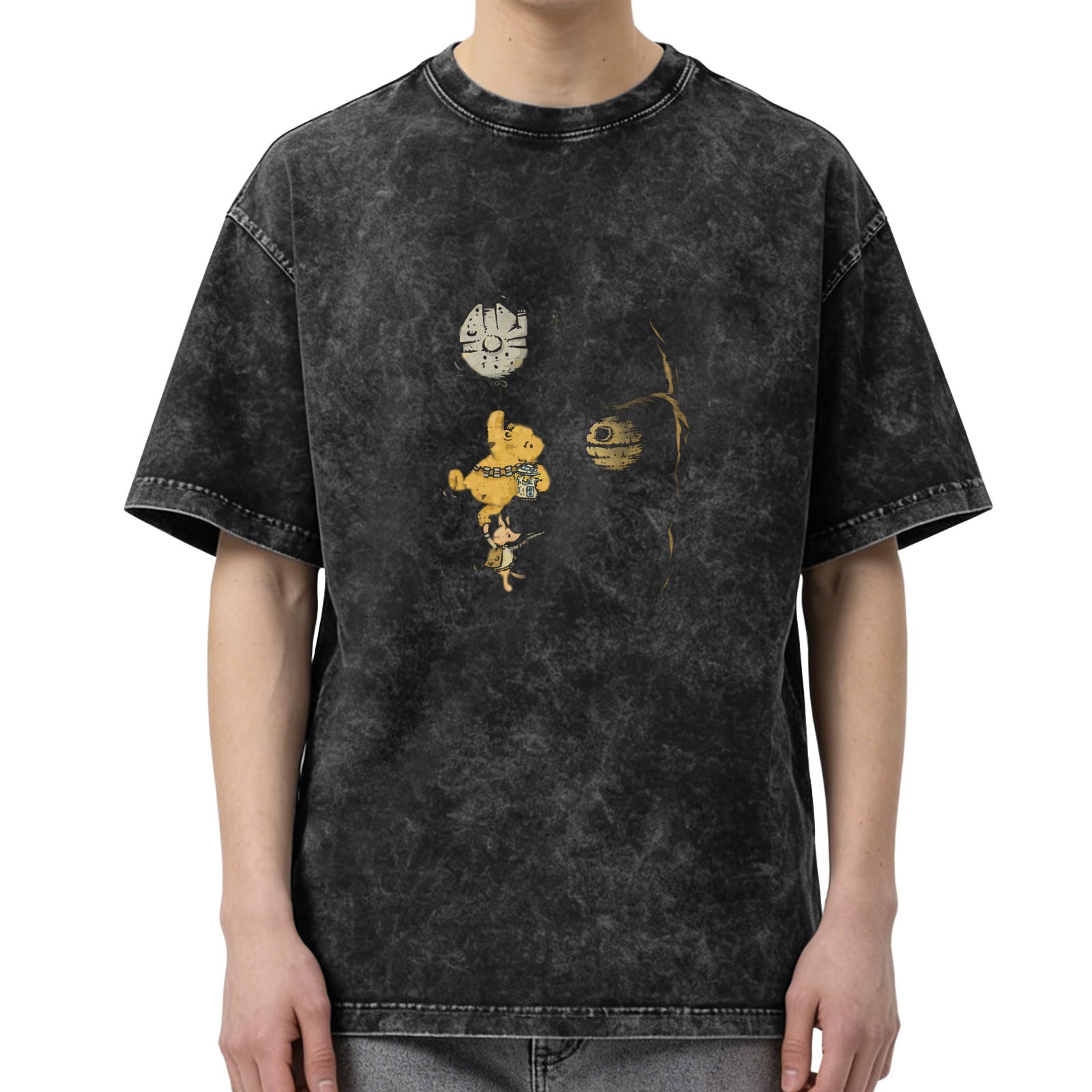 Winnie The Pooh x Star Wars Crossover Vintage Wash T-Shirt - Dark Gray Acid Wash Graphic Tee