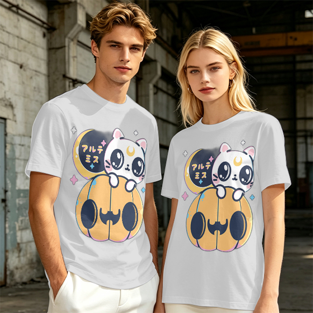 Cute white cat on jack-o'-lantern Halloween graphic tee