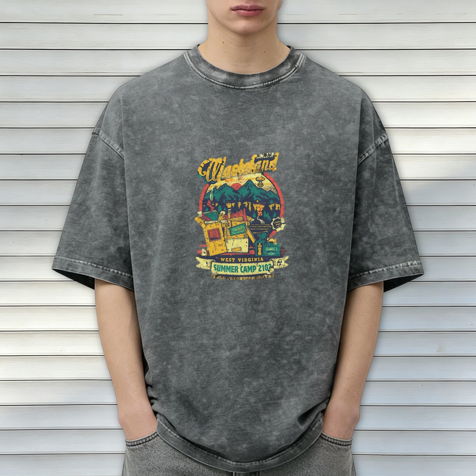 Distressed washed black wasteland style themed printed short-sleeved T-shirt Wasteland Paradise Summer Camp 2102 theme West Virginia summer casual top