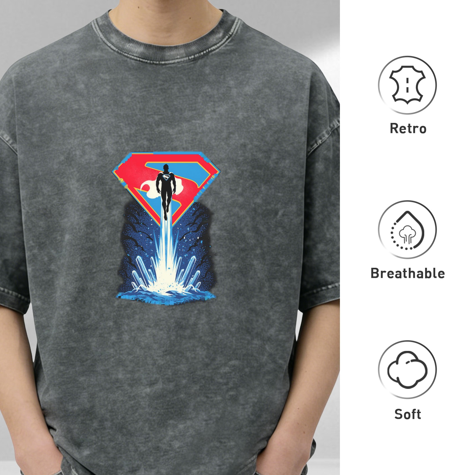 Washed Black T-Shirt with Superman Flying From Water Graphic