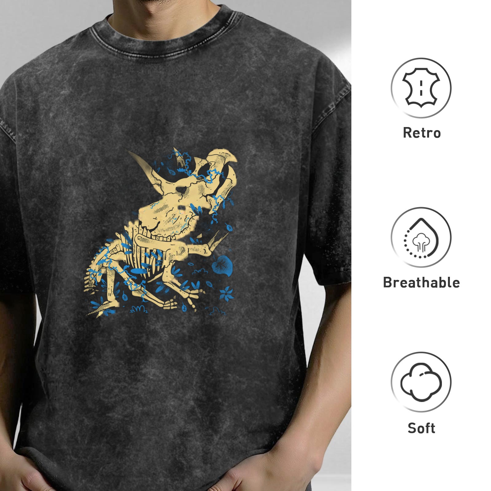 Oversized Acid Wash T-Shirt with Dinosaur Skeleton Graphic