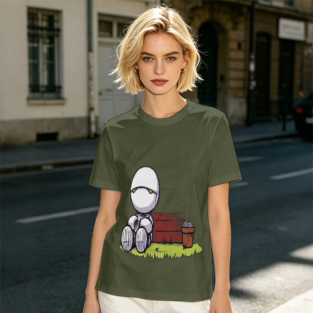 Olive T-Shirt With Sad Sitting Robot Graphic Print