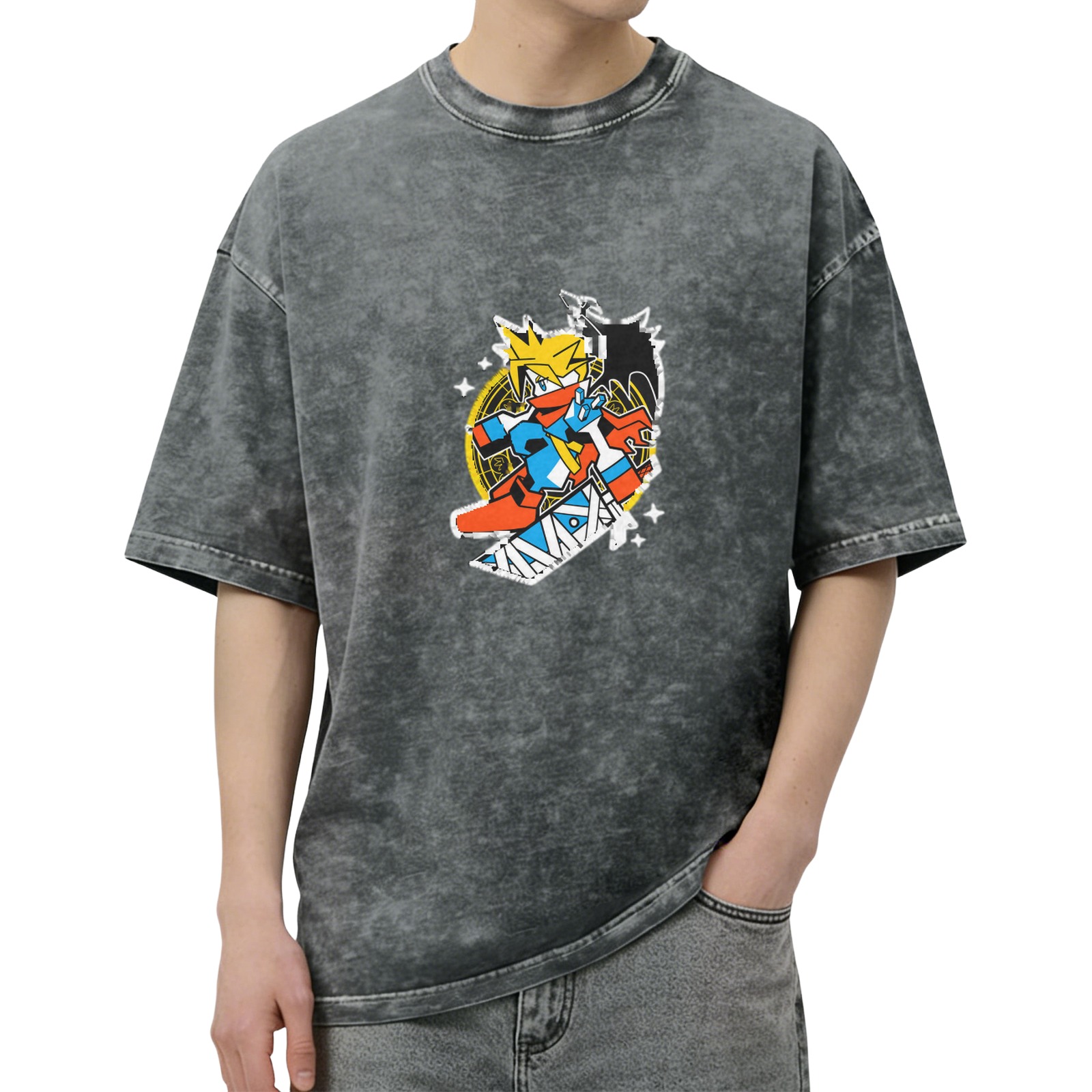 Washed black oversized t-shirt with anime-style graphic print