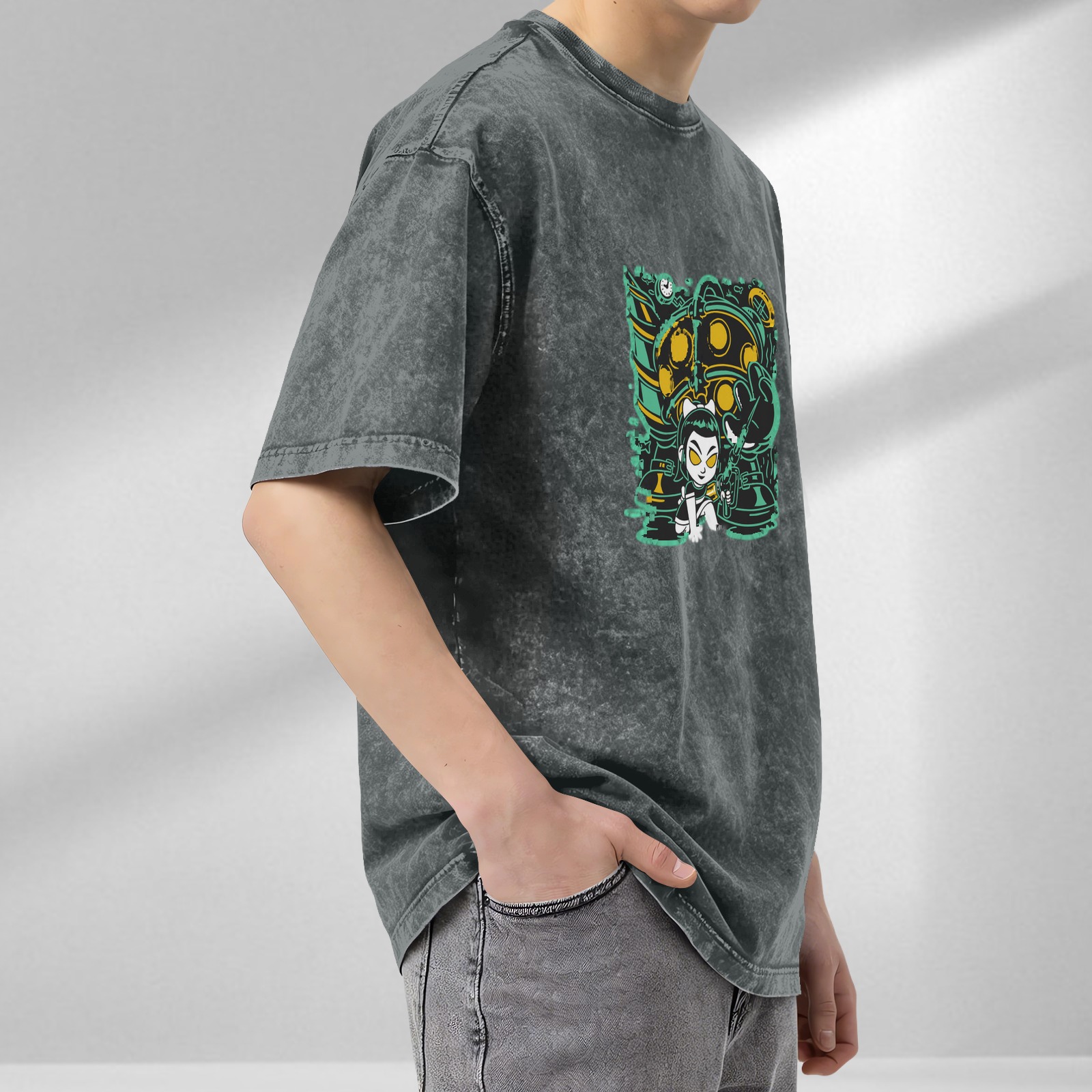 Washed Black Oversized T-Shirt With Cartoon Underwater Character Print
