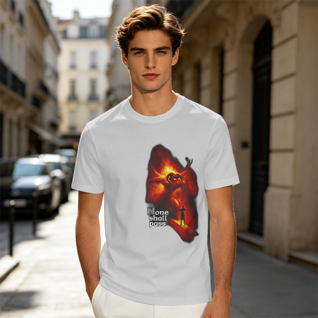 Olive T-Shirt with 'None Shall Pass' Fire Demon Graphic