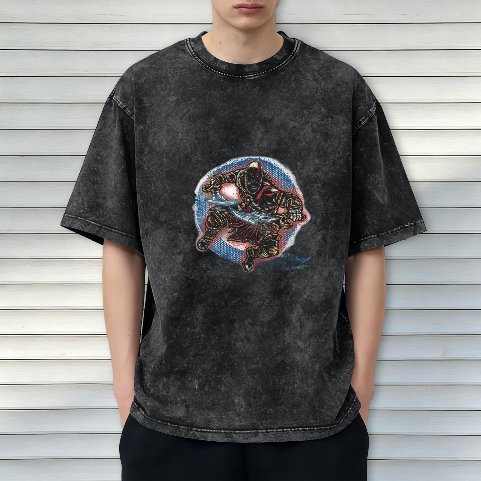 Washed Black Oversized T-Shirt With Warrior Graphic Print