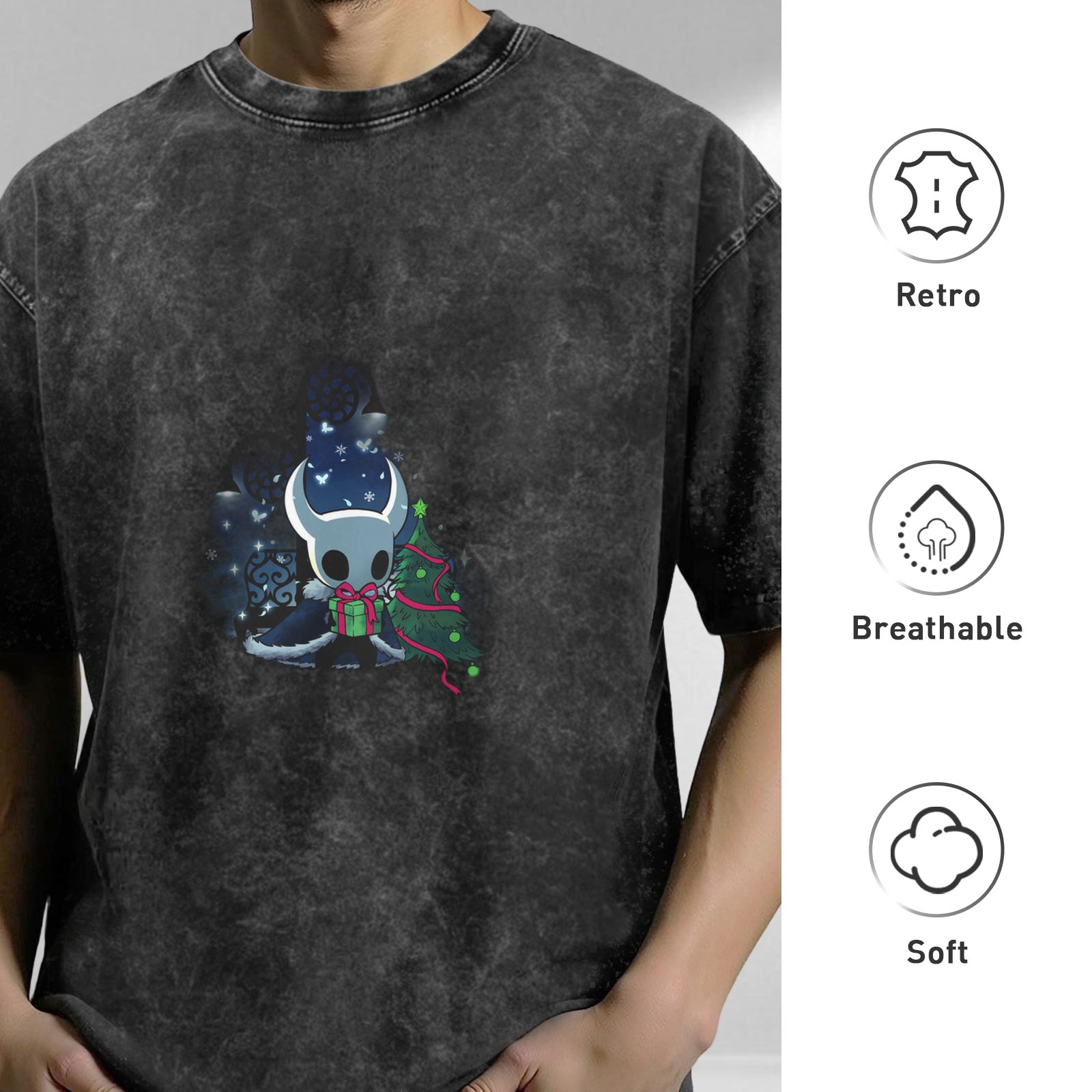 Hollow Knight Christmas Graphic Acid Wash Black T-Shirt