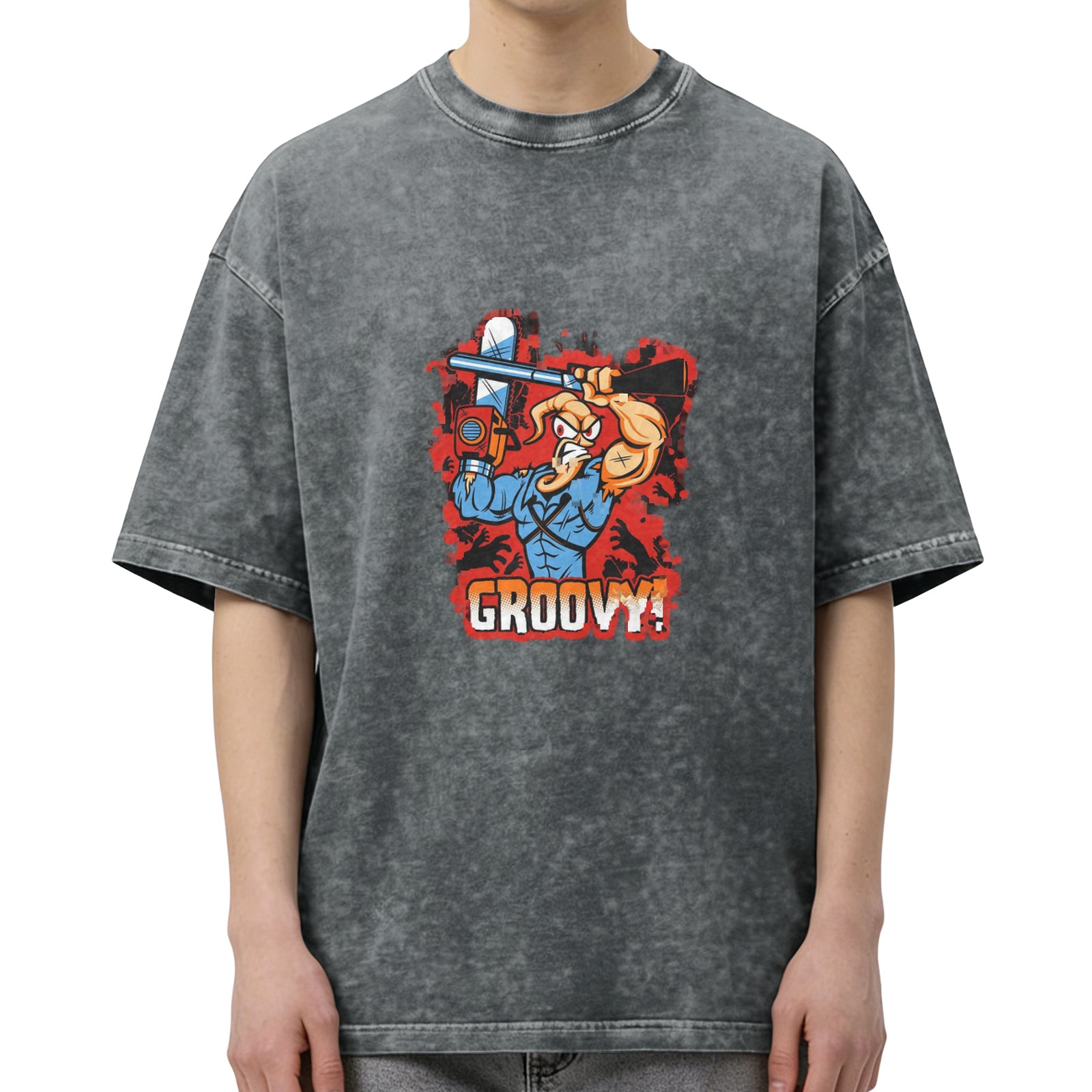 Vintage Washed Black T-Shirt with Cartoon Muscle Character Holding Chainsaw and 'GROOVY!' Graphic Print