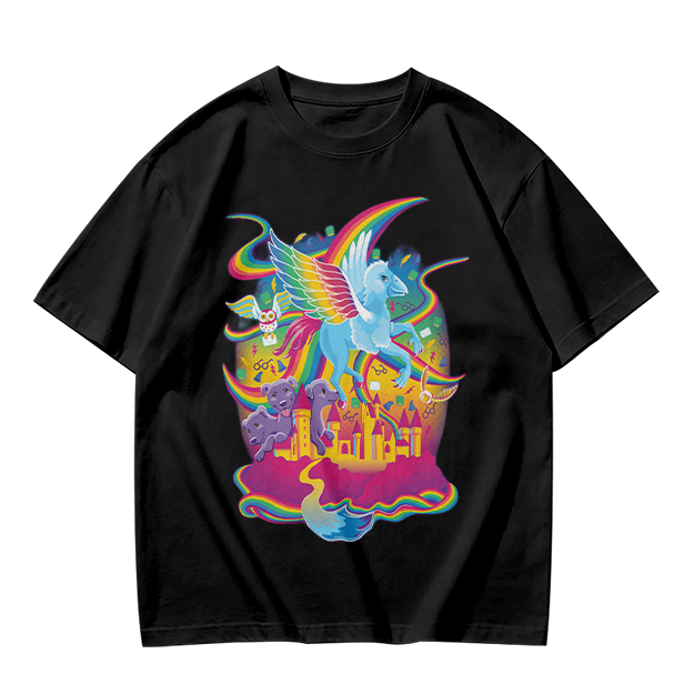 Olive T-Shirt With Whimsical Rainbow Fantasy Creature Castle Art