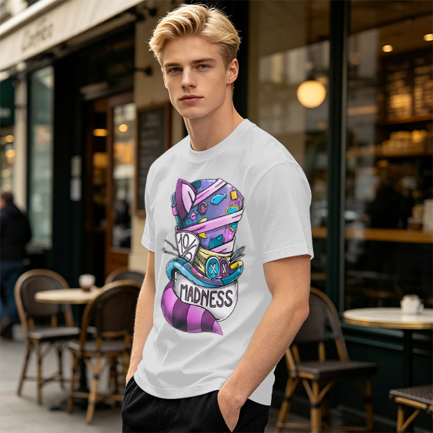 Olive T-Shirt With Mad Hatter Cheshire Cat Madness Graphic