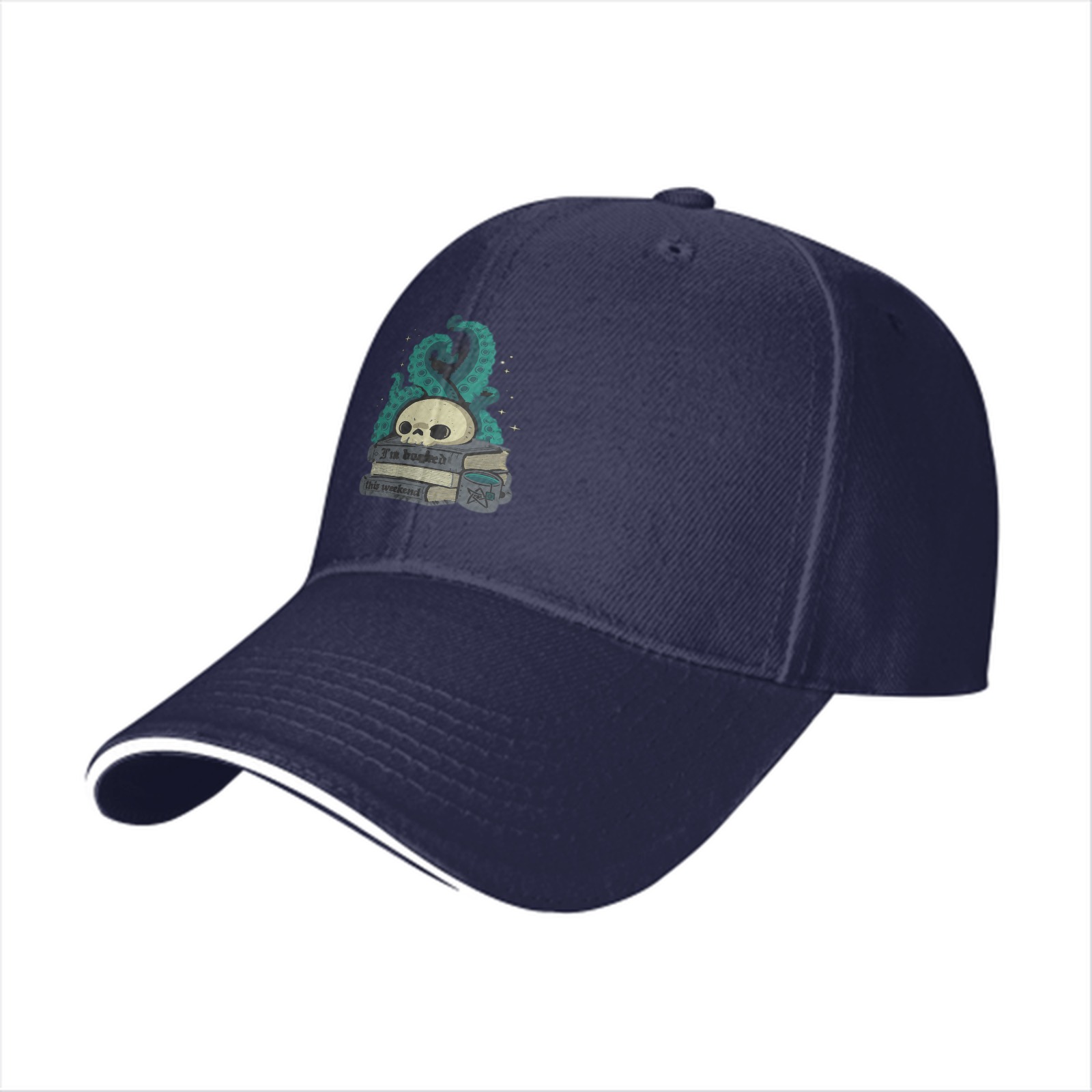 Black baseball cap with skull tentacle book graphic design