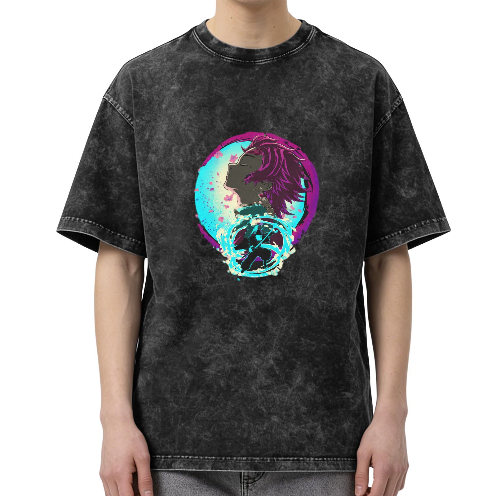 Oversized Washed Anime Demon Slayer Graphic T-Shirt