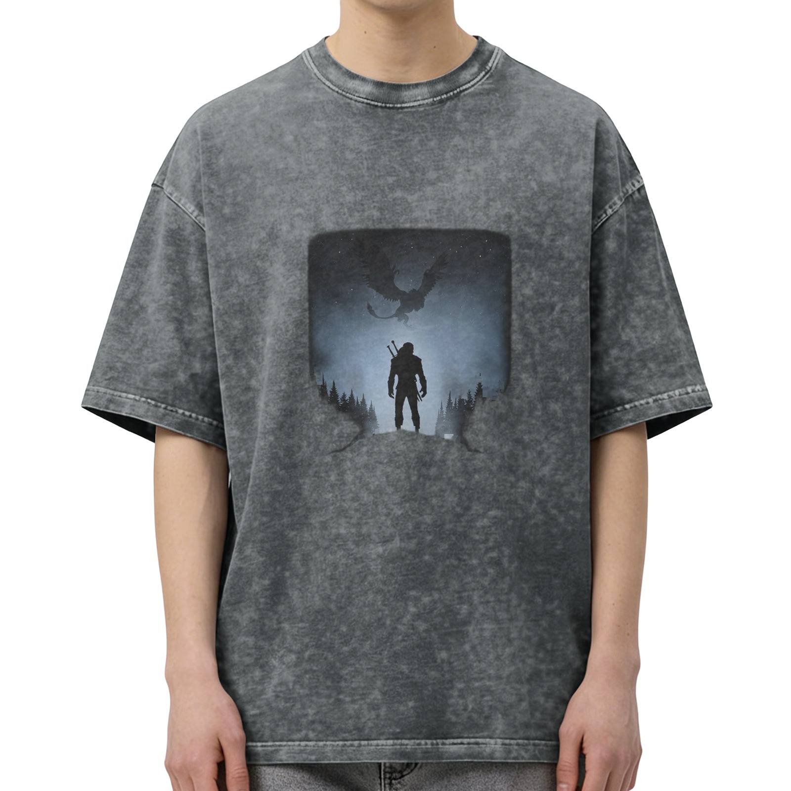 Witcher Silhouette Graphic Acid Wash Oversized T-Shirt