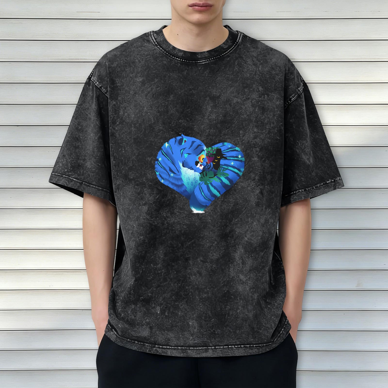 Washed Black T-Shirt With Heart Shaped Peacock Graphic