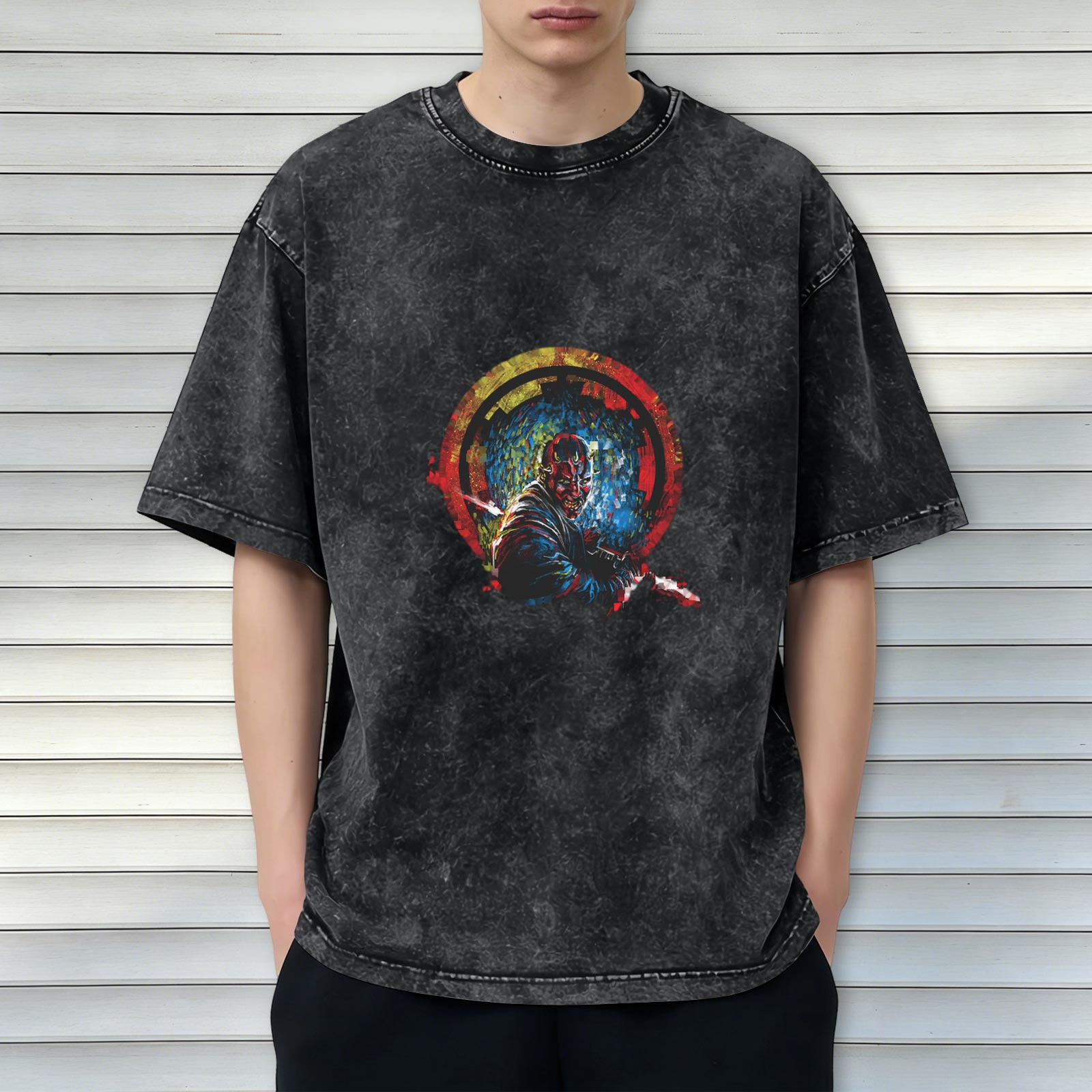 Oversized Acid Wash T-Shirt With Samurai Warrior Graphic