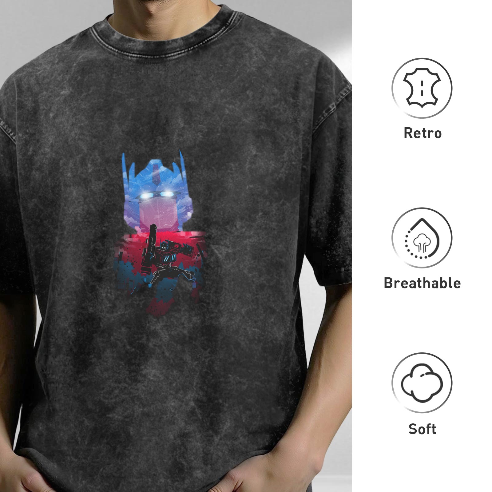 Washed distressed black Optimus Prime print short-sleeved T-shirt