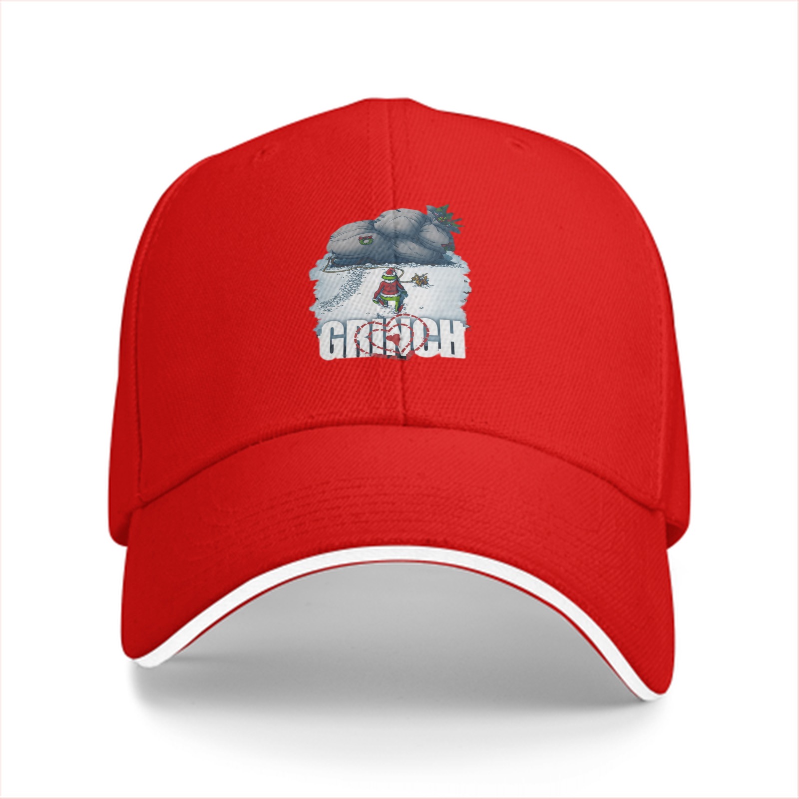 Black Baseball Cap With Grinch Winter Sleigh Graphic Design
